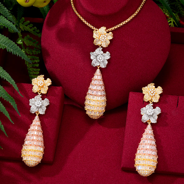Luxury Lotus 2PCS Nigerian Necklace Earring Jewelry Sets For Women