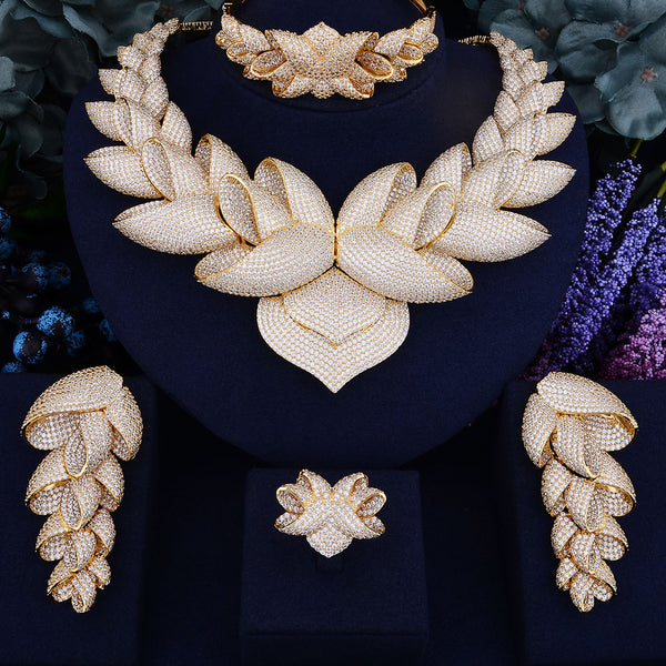 Luxury Lotus Flower Cubic Zirconia African Indian Necklace Earring Set