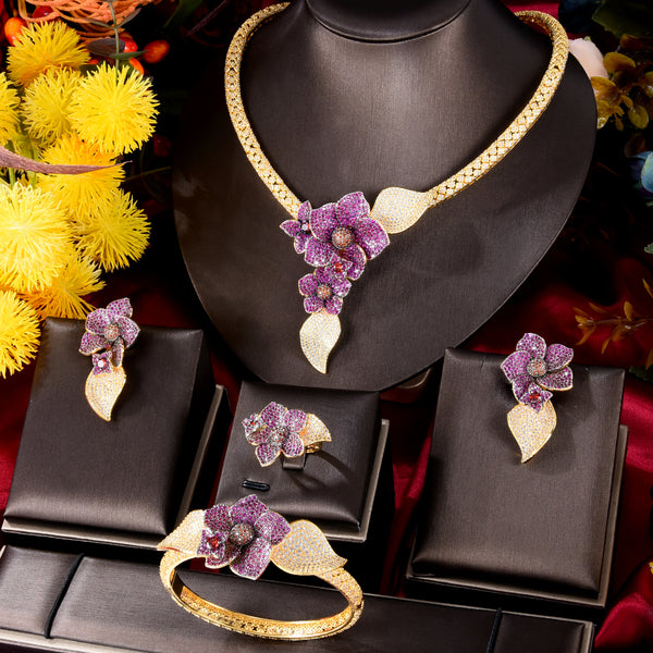 Luxury Ruby Flower African  Wedding Full Micro Cubic Zirconia Dress Necklace Earring Sets