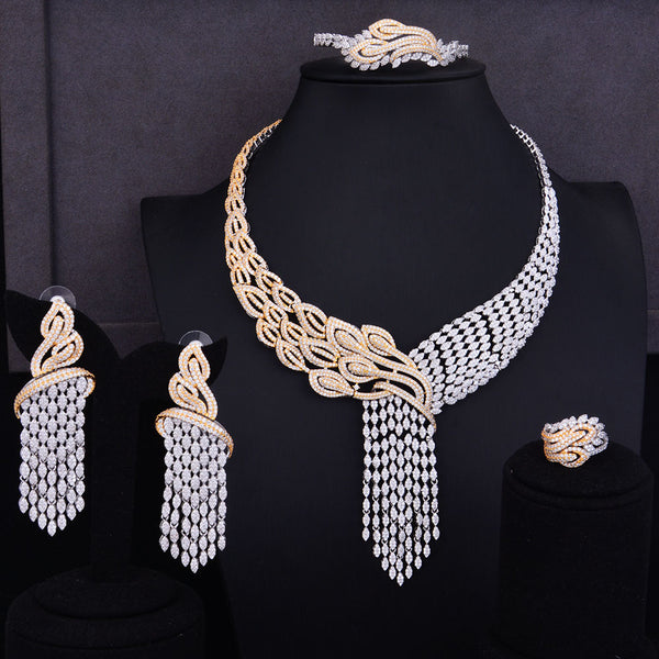 Luxury Tassels Drop Mixed  Cubic Zirconia Necklace Earring Saudi Arabia Jewelry Set