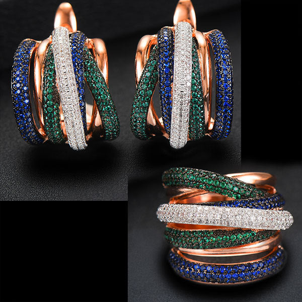 Luxury Twist Braided Multicolo Cubic Zirconia Setting European Wedding Hoop Earring Fashion Jewelry Set