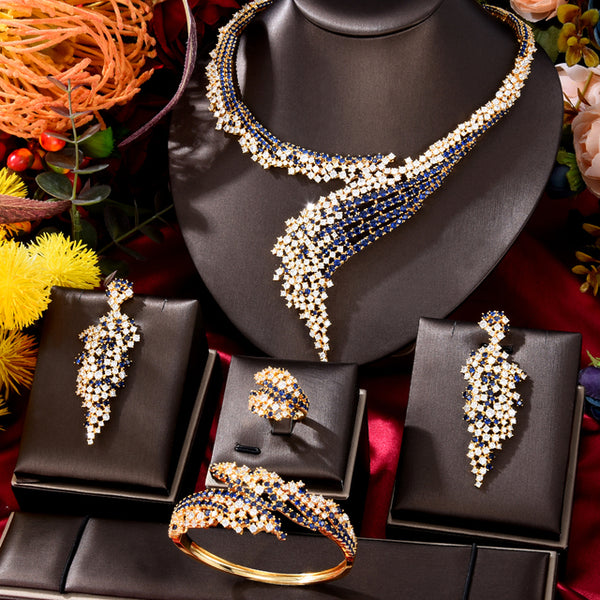 Magnificent 4Pcs African Party Luxury Indian Cubic Zirconia Dubai Bridal Jewelry Set