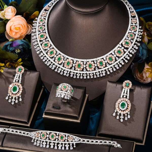 Flowers 4Pcs African Luxury Naija Dubai Jewelry Set Cubic Zirconia Bridal Jewelry Sets