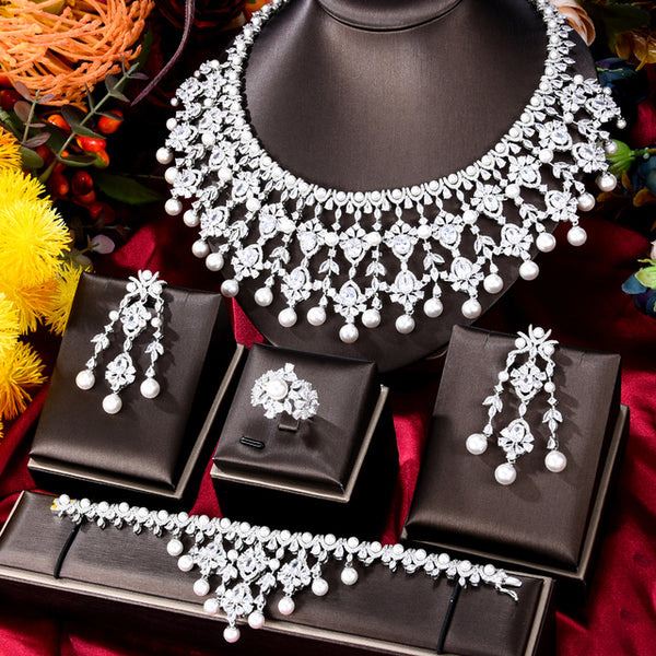 New Trendy Pearl UAE  Party Zircon CZ African Dubai Bridal Jewelry Set
