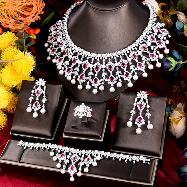 Trendy Pearl UAE Women Wedding Party Zircon CZ African Dubai Bridal Jewelry Set