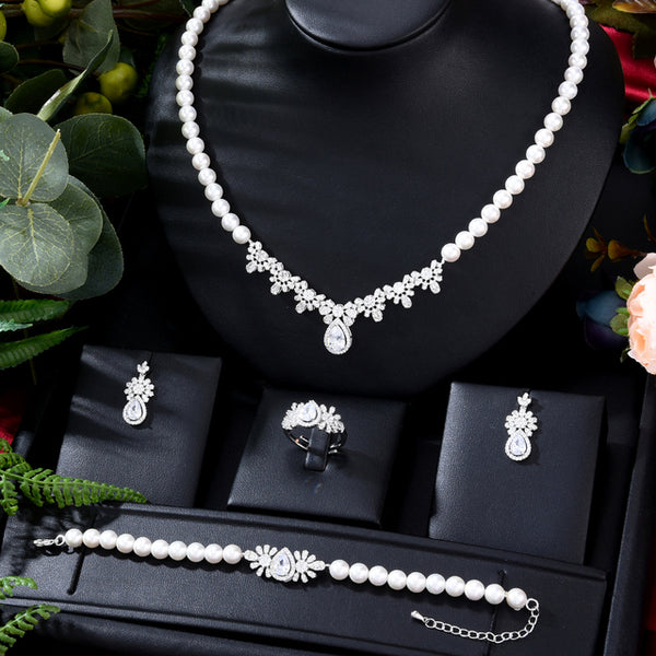 Trendy Simulated Pearl UAE  Party Zircon CZ African Dubai Bridal Jewelry Set