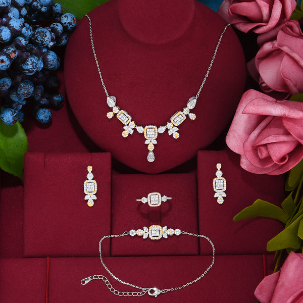 Square flower Charms 4PCS Bracelet Ring Necklace Earring Set For Women