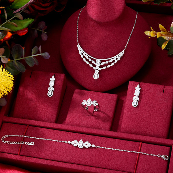 Square flower Charms 4PCS Bracelet Ring Necklace Earring Set For Women