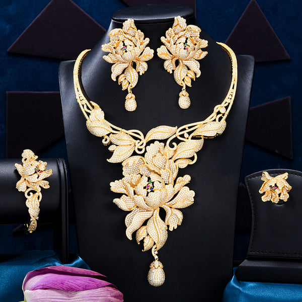 Super Big Luxury 4PCS Flowers africa Cubic Zirconia Necklace Set
