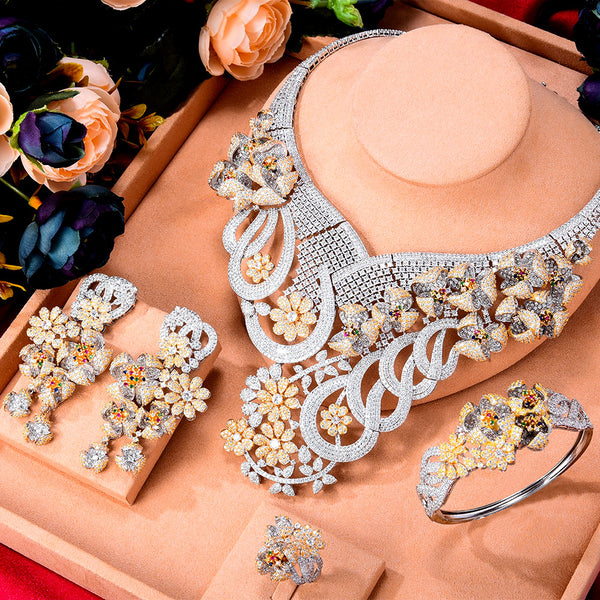 Super Luxury 4PCS  Big Flowers africa Cubic Zirconia Set Jewelry Sets