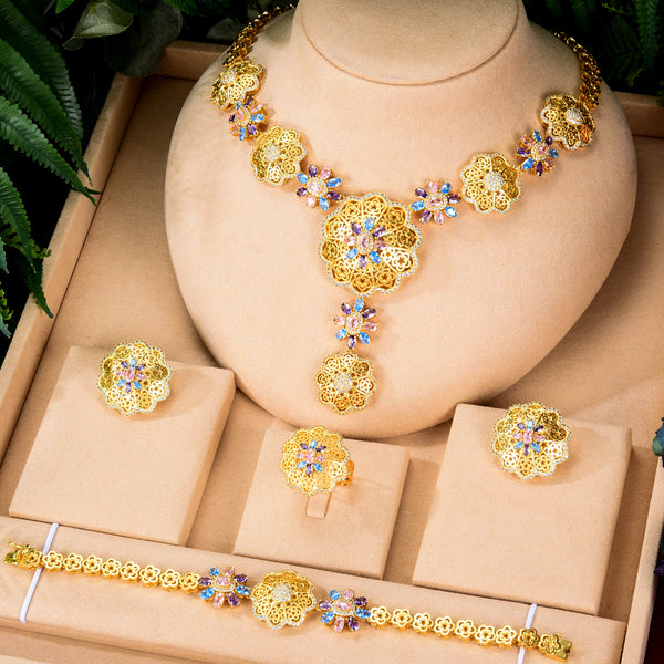 Super Luxury Green 4PCS indian Necklace cubic Zircon Jewelry Sets For Women
