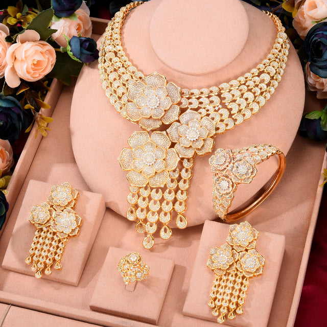 Super Luxury Tassel Drop Rose Flower Boom Full Micro  Necklace Earring Jewelry Set