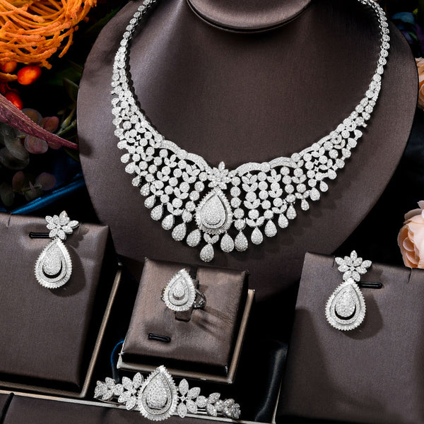 Super Luxury Water Drop Tassel Drop Full Micro Cubic Zirconia Dress Necklace Earring Jewelry Set