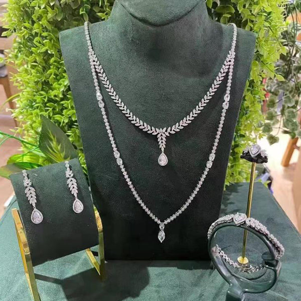 Trendy 4pcs Double Layers Party Cubic Zircon Crystal Dubai Gold Necklace Earring Ring Sets