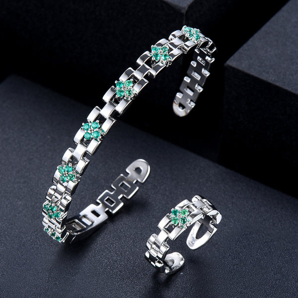 Trendy Luxury Gold Color Statement Bangle Cuff Ring Sets For Women