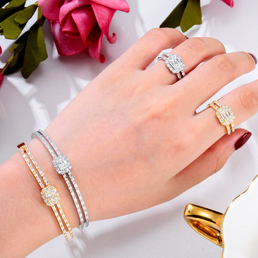 Trendy Luxury Square Statement Bangle Cuff Ring Sets For Women