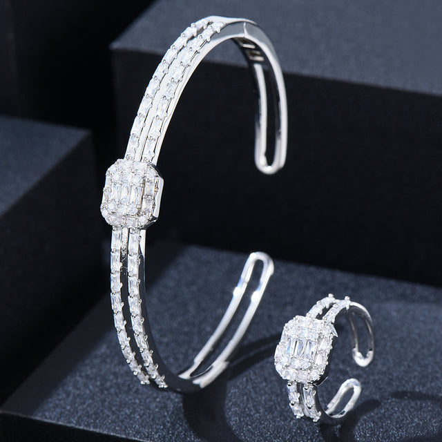 Trendy Luxury Square Statement Bangle Cuff Ring Sets For Women