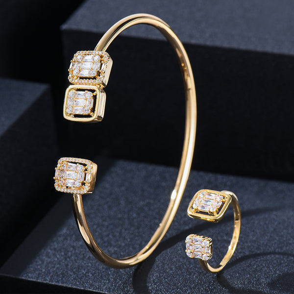 Trendy Luxury Square Statement Bangle Cuff Ring Sets