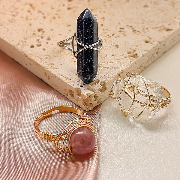 Gold Wire Wrapped Natural Stone Rings for Women