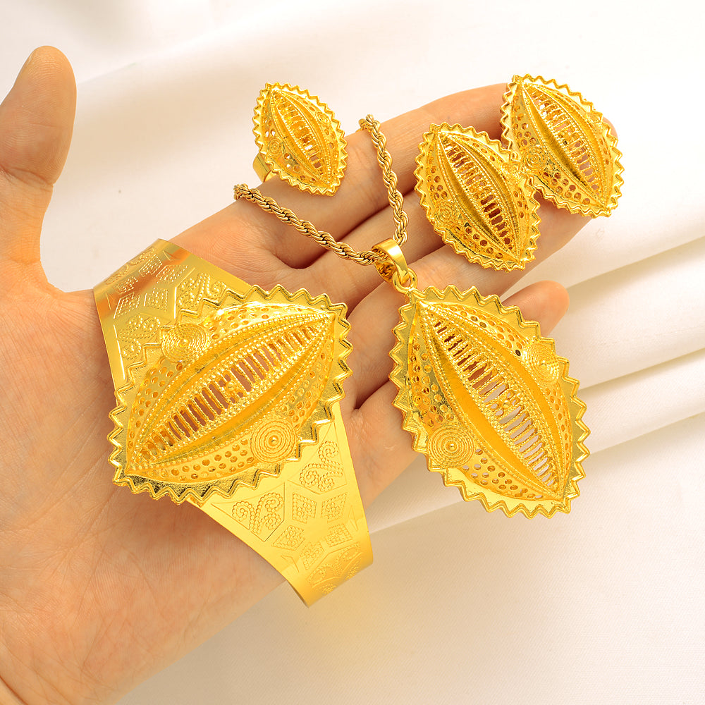 gold Ethiopian Traditional Necklace Earrings Eritrea Jewelry set