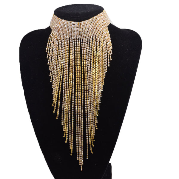 Luxury Full Rhinestone Chain Tassel Large Choker Necklace Women
