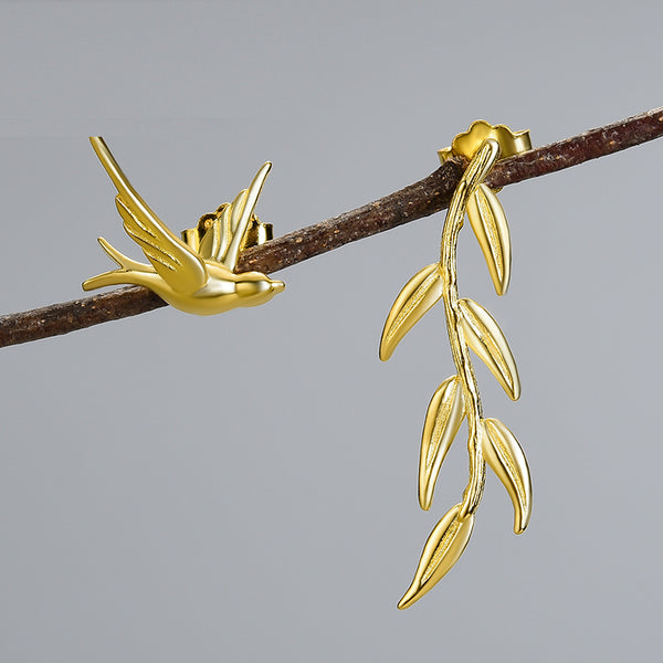 Luxury 18K Gold Swallow Willow Branch Asymmetrical Unusual Dangle Earrings