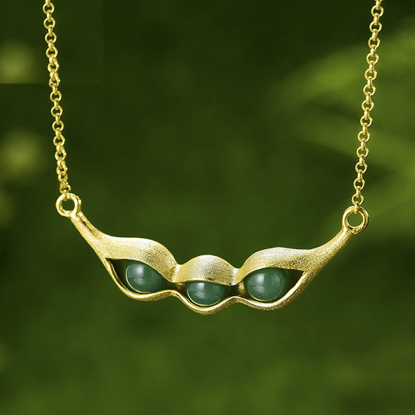 925 Sterling Silver Natural Green Stones Pea Pods Design Necklace for Women