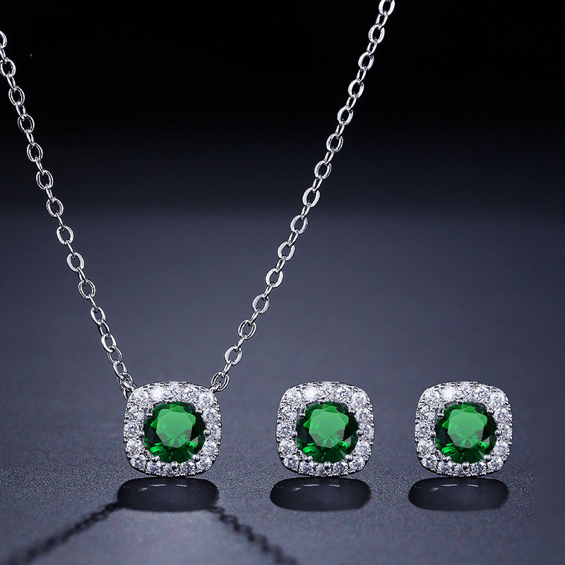 Fashion Yellow White Cz Zirconia Square Earrings & Necklace Set