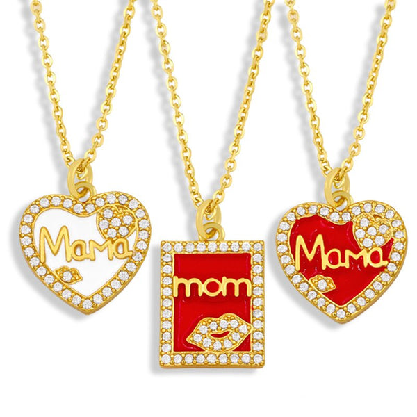 CZ Gold Plated Heart MaMa Necklace Women Rhinestone Square Mom Pendant Necklace