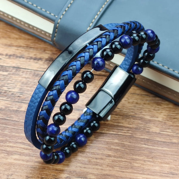 Pulsera de piedra azul Pulsera trenzada de cuero azul genuino