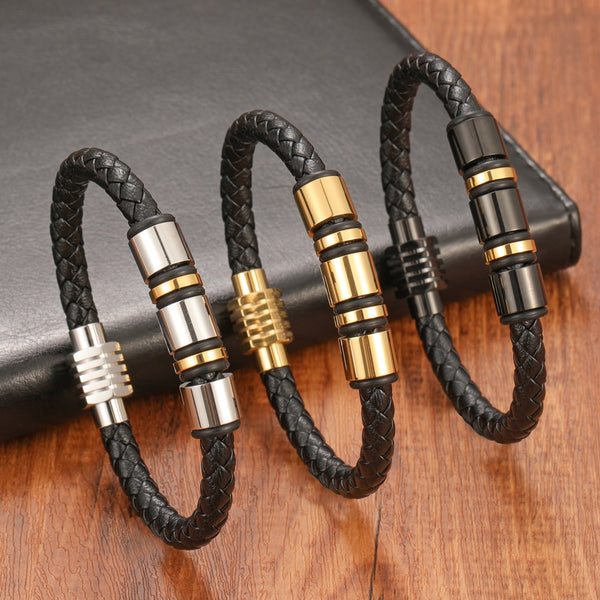 Pulsera de chakras de una sola capa con cuentas negras, doradas y de cuero trenzado y acero inoxidable con dije simple