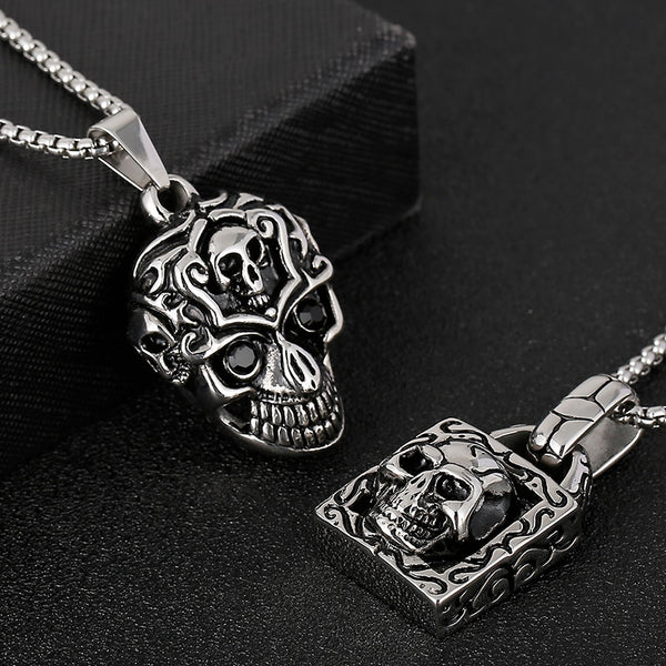 Collar con colgante de calavera de motociclista gótico de acero inoxidable para hombre