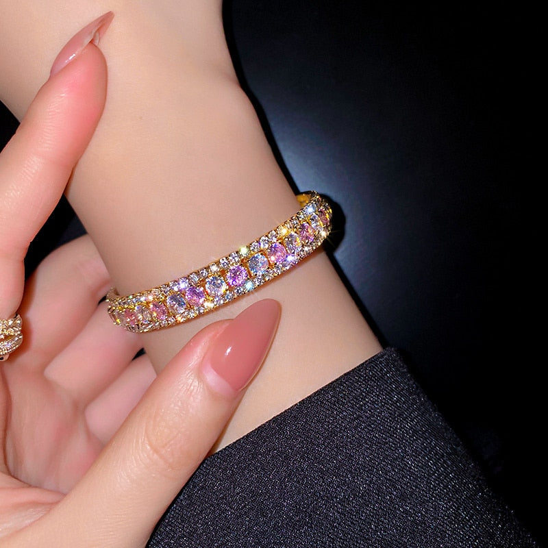 Geometric Zircon Bracelet &amp; Bangles For Women Pink Green Crystal Cuff Bracelets
