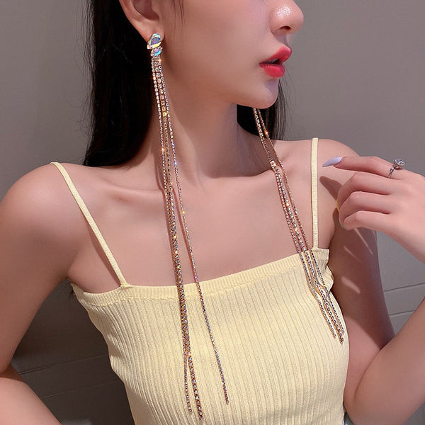 Pendientes de diamantes de imitación coloridos para mujer, grandes, largos, con borlas y cristales colgantes.