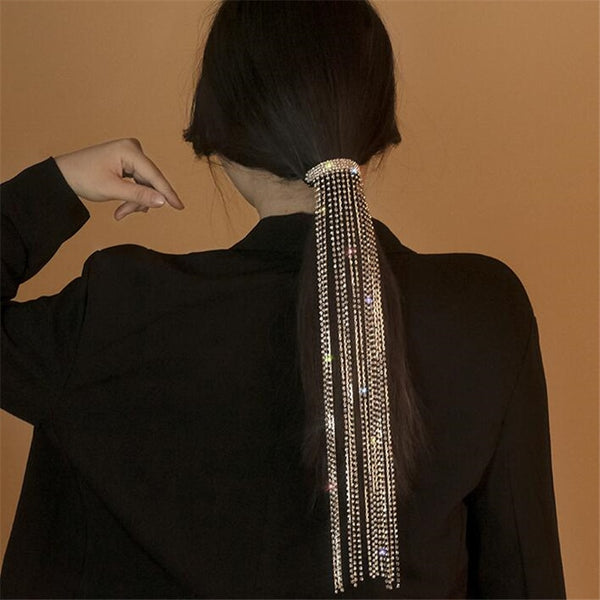 Shiny Full Rhinestone Hairpins for Women Long Tassel Crystal Hair Accessories