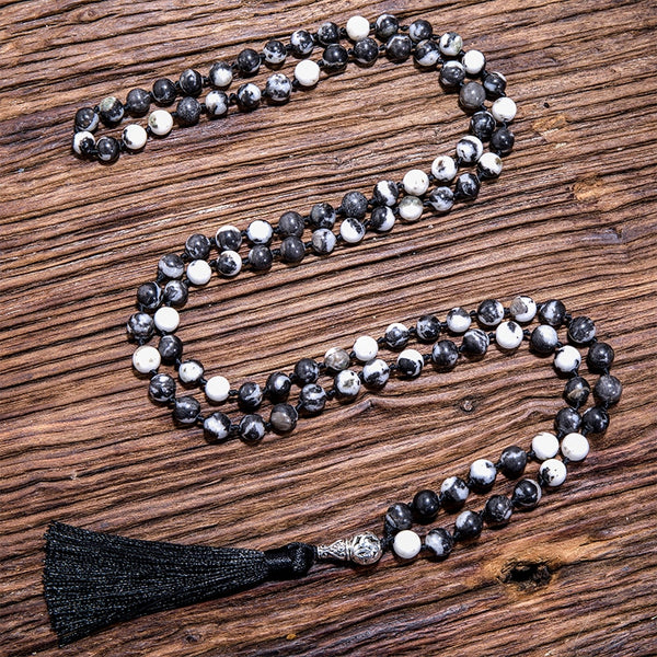 8mm Natural Zebra Stone Beaded Knotted Necklace