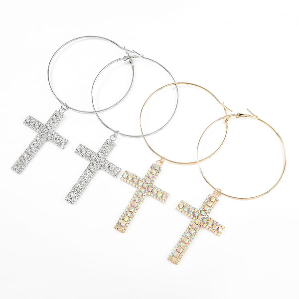 Pendientes de cruz con diamantes de imitación y anillo de metal de moda para mujer