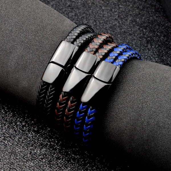 Titanium Steel Bracelet Double Layer Brown Black Leather Braided Bracelet