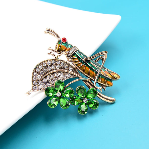 Broches vintage de saltamontes de cristal para mujer