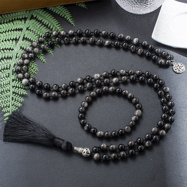 8mm Natural Obsidian Beaded Knotted Mala Necklace