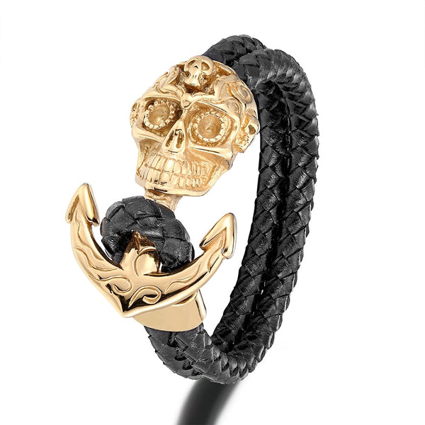 Pulsera de calavera para hombre, estilo punk, de cuero, con dije de ancla, accesorios para hombre