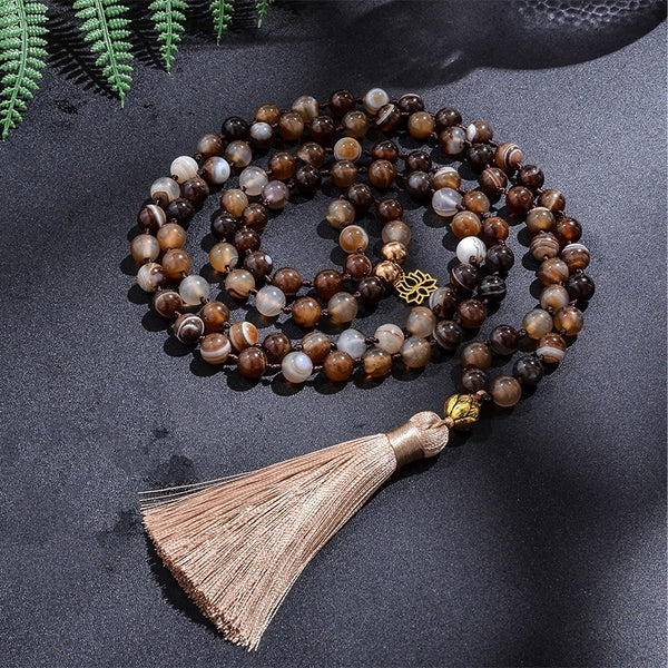 Collar de japamala anudado con cuentas de ágata de Botsuana de 8 mm, pulsera de bendición para meditación y yoga