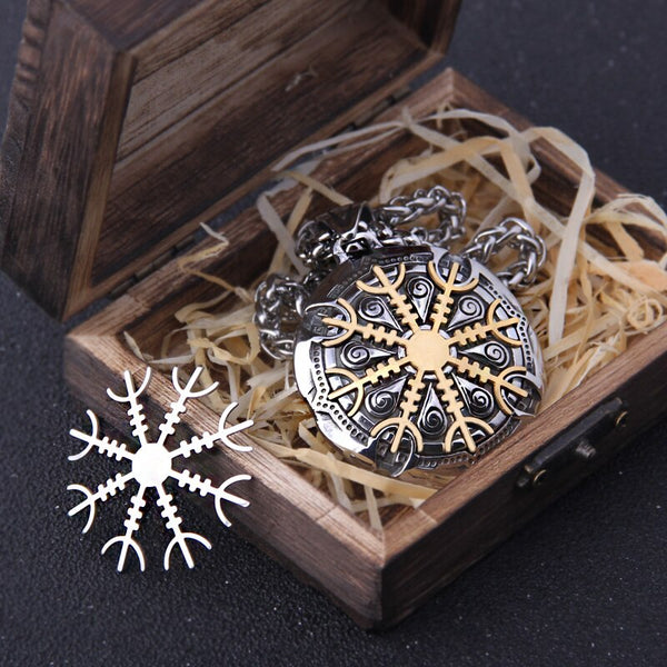 Collar de runas vikingas Vegvisir de acero inoxidable en color dorado