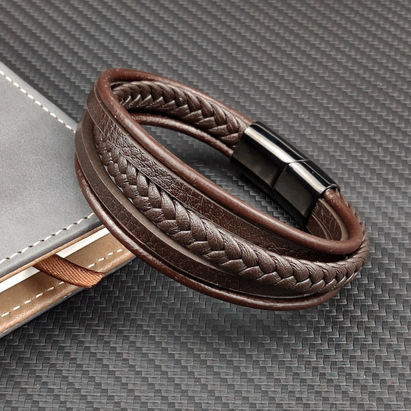Pulsera de acero inoxidable para hombre, de cuero multicapa color café