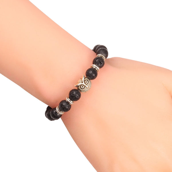 Pulsera de cuentas redondas de 8 mm con cabeza de búho y Buda, con piedra volcánica de lava negra natural