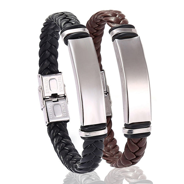 Pulsera de moda Pulseras de cuero negro Brazaletes Pulseras de acero inoxidable