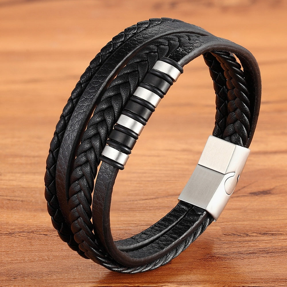 Classic Multi-layer Luxury Style Stainless Steel Men Leather Bracelet