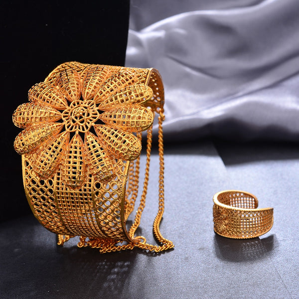 Bride 24K Gold Color Dubai Bangles For Women African Ethiopian Bracelets  With Ring