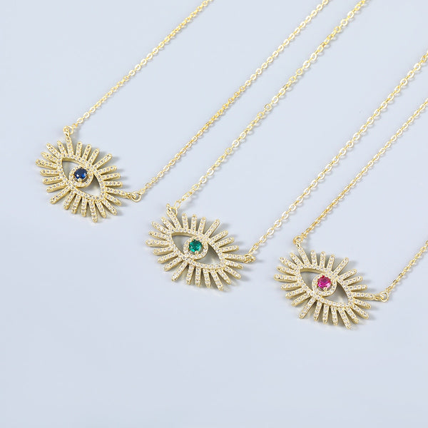 Fashion Metal Copper Rhinestone Eye Pendant Necklace Women