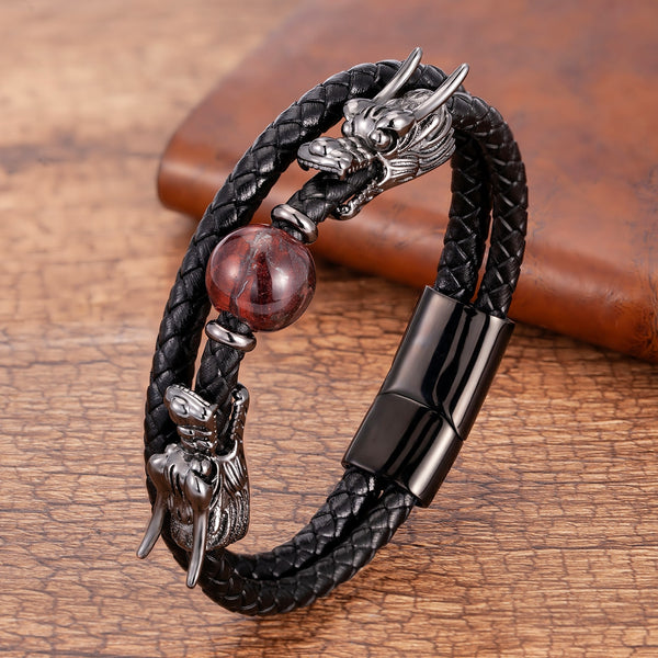 Pulseras de cuero y metal con forma de dragón y piedra natural de ojo de tigre redondo para hombre